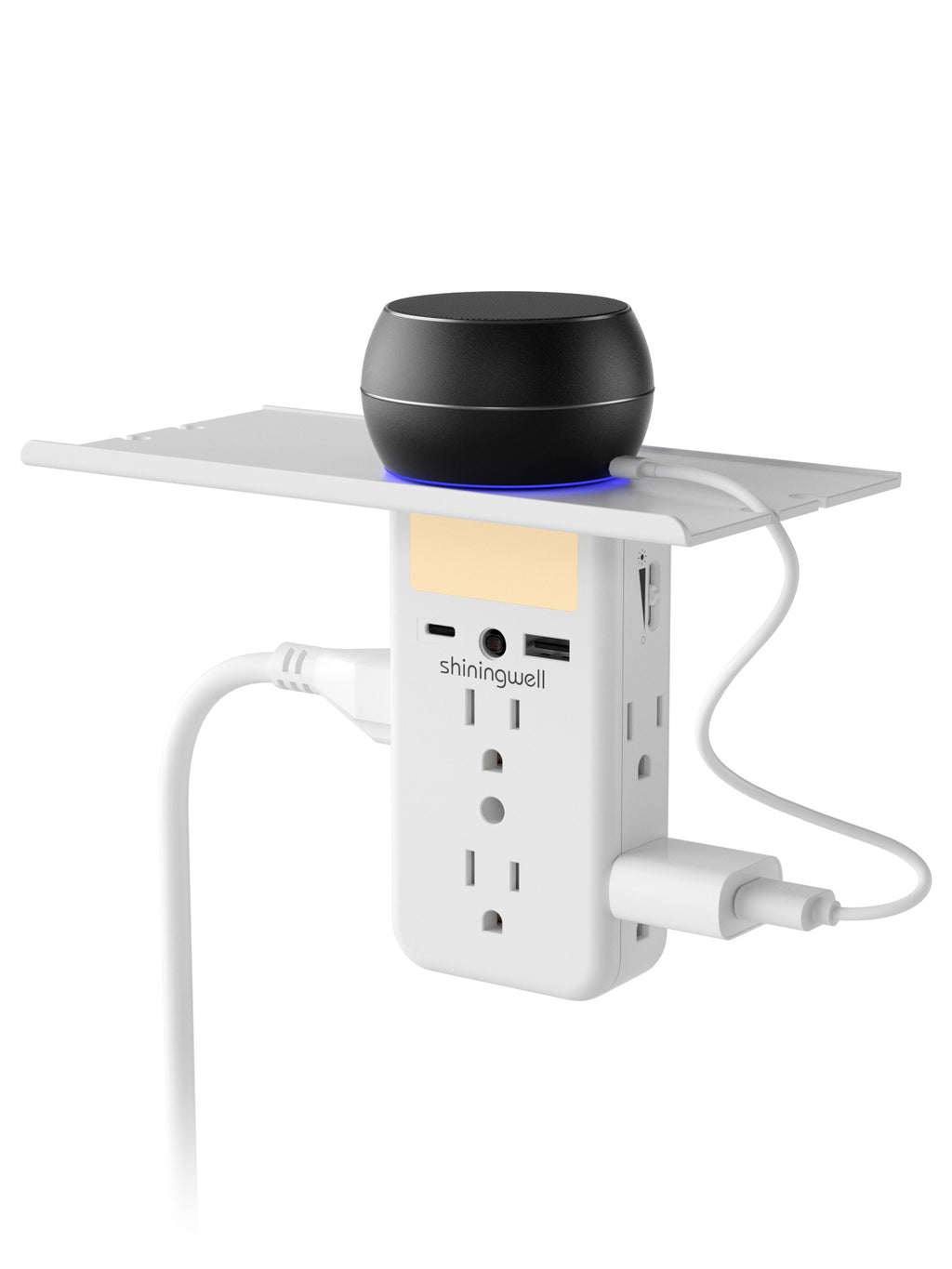 3 Sided Outlet Extender with Shelf and Night Light