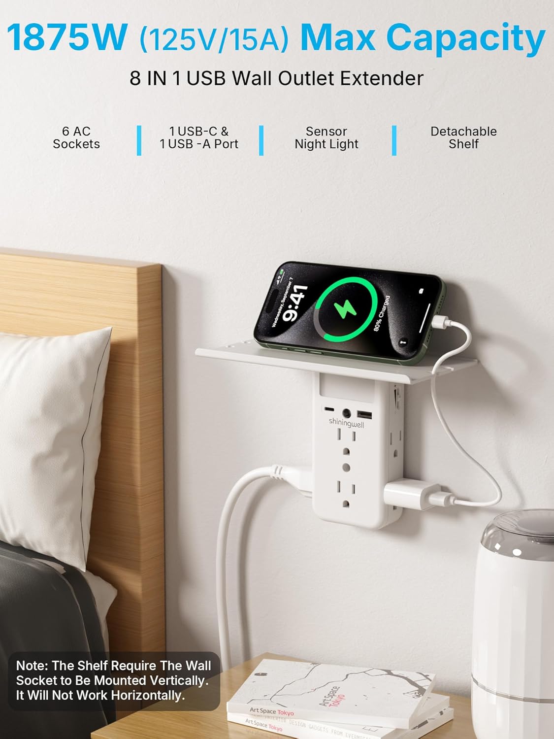 3 Sided Outlet Extender with Shelf and Night Light