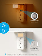 3 Sided Outlet Extender with Shelf and Night Light