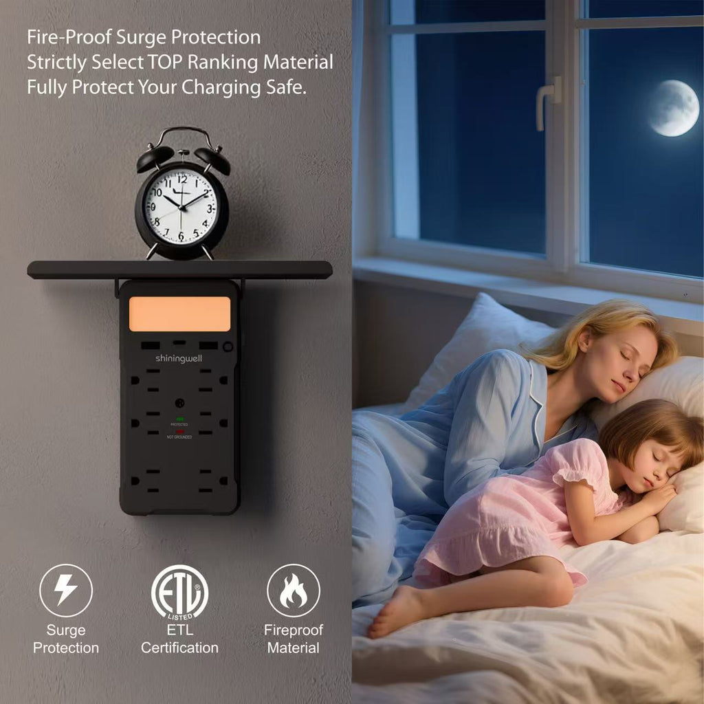 Wall Outlet Extender with Shelf & Night Light
