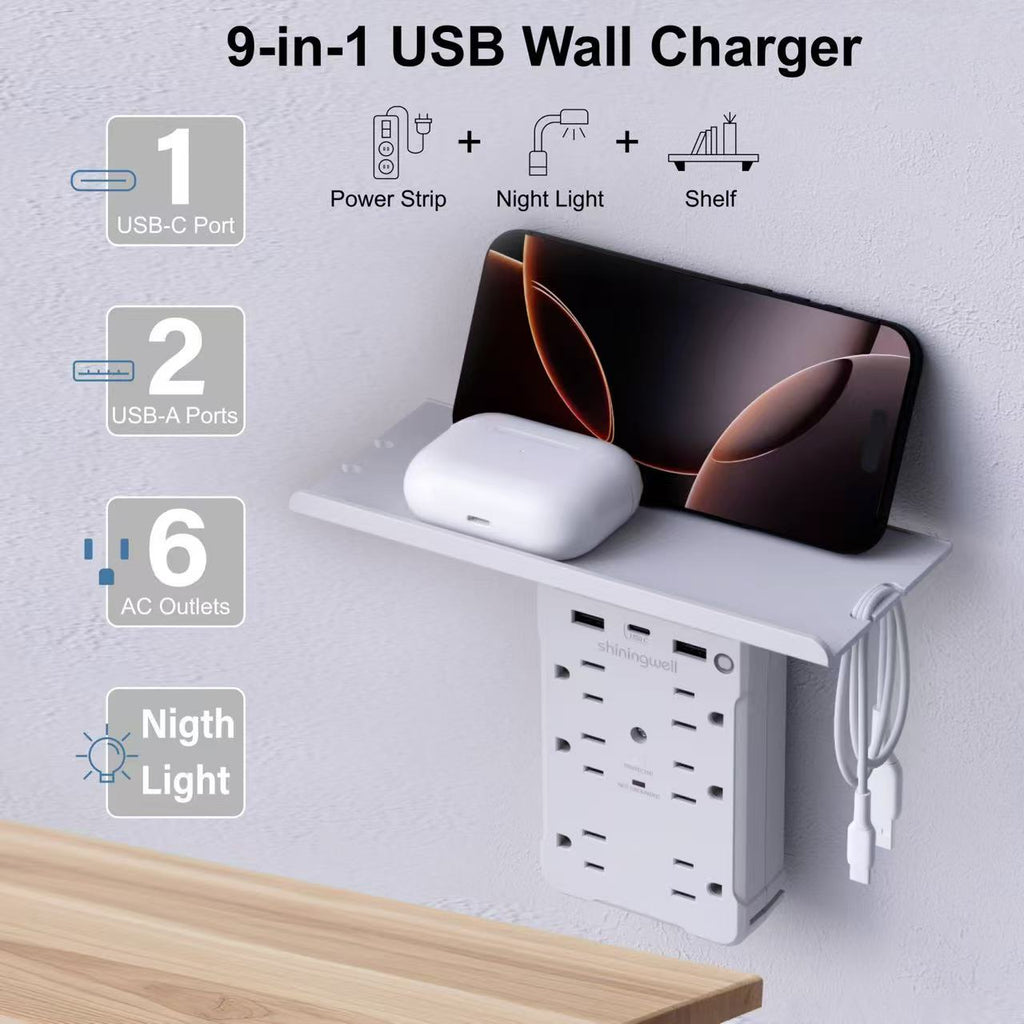 Wall Outlet Extender with Shelf & Night Light