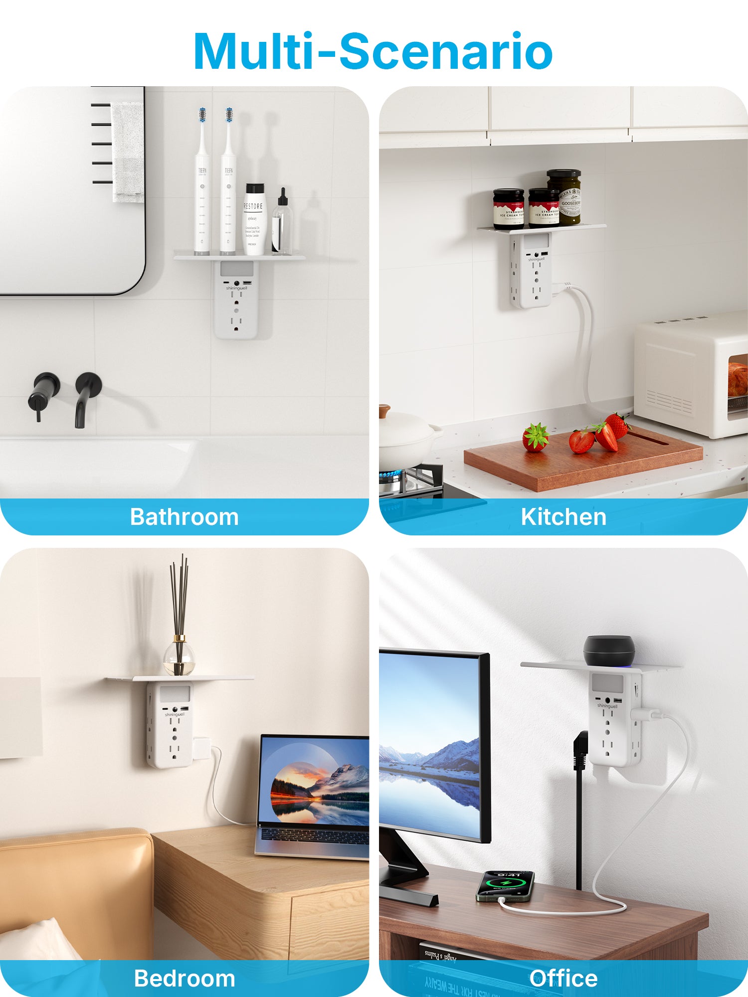 3 Sided Outlet Extender with Shelf and Night Light