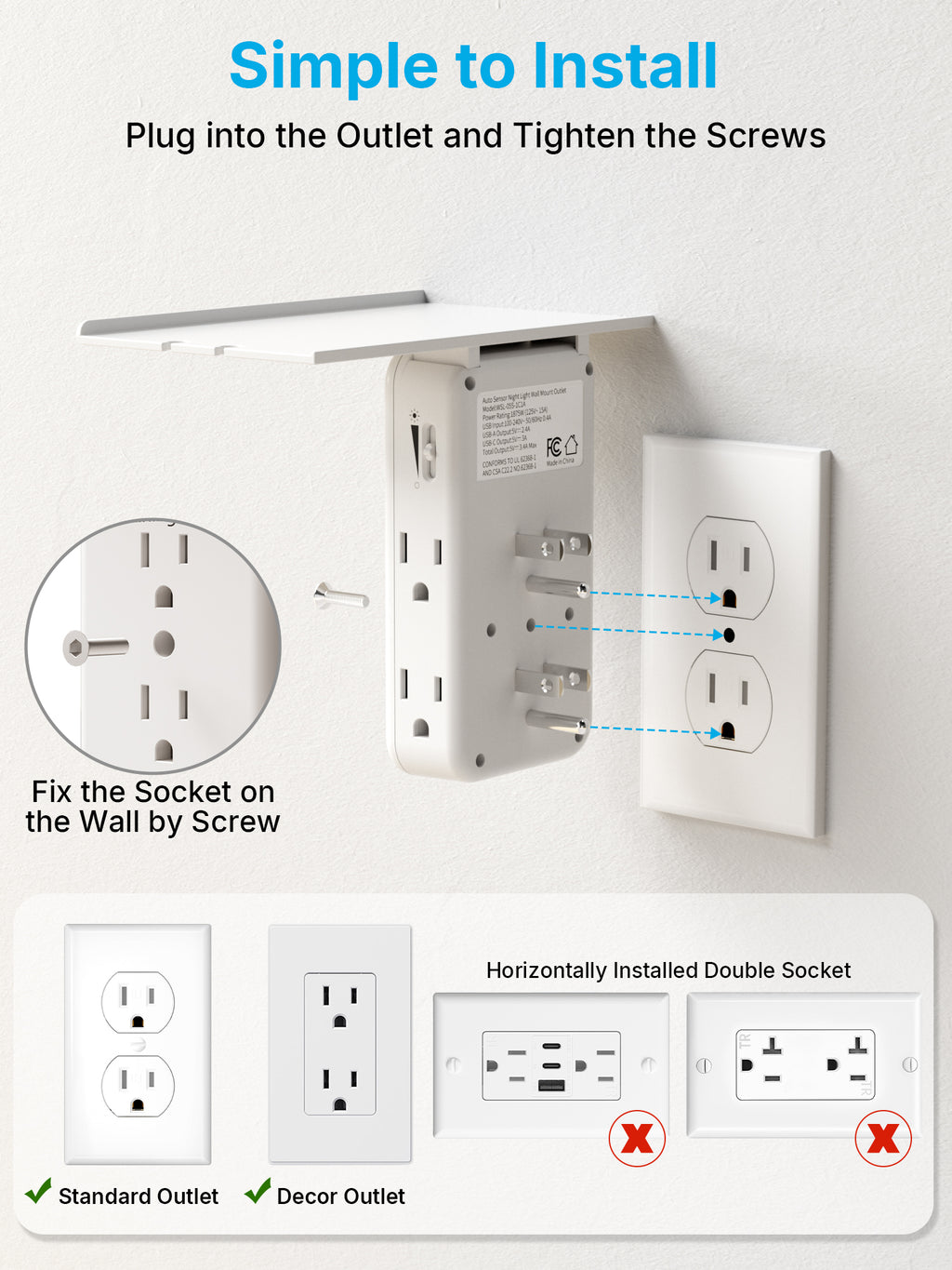 3 Sided Outlet Extender with Shelf and Night Light