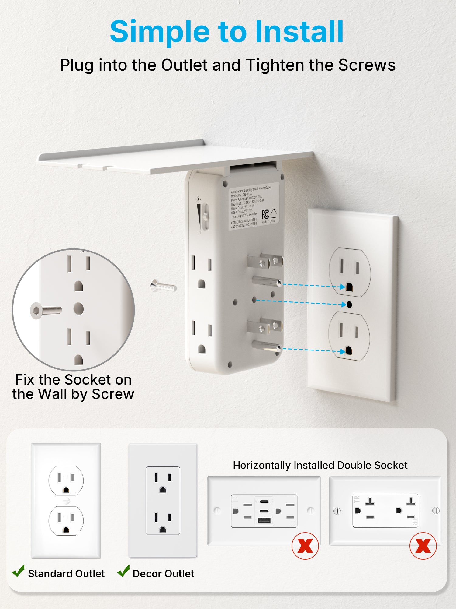 3 Sided Outlet Extender with Shelf and Night Light