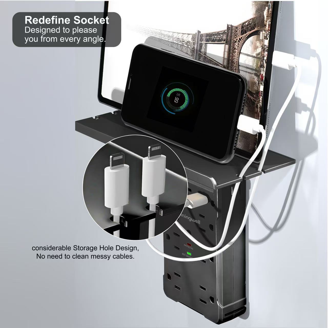 Wall Outlet Extender with Shelf & Night Light