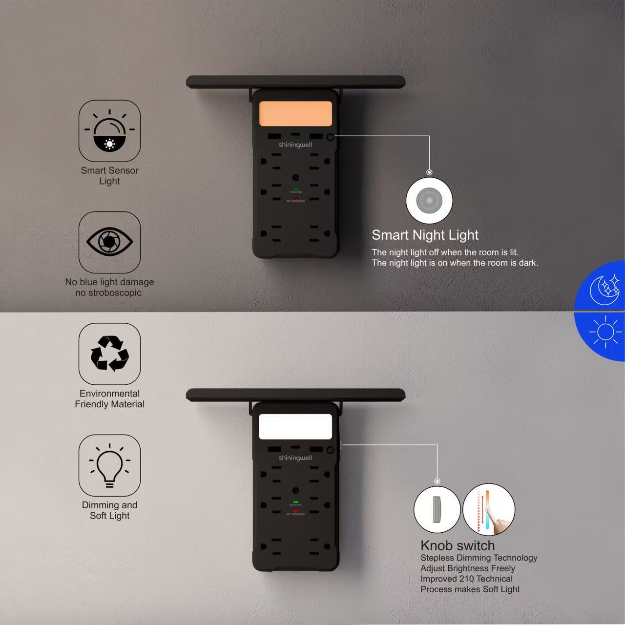Wall Outlet Extender with Shelf & Night Light