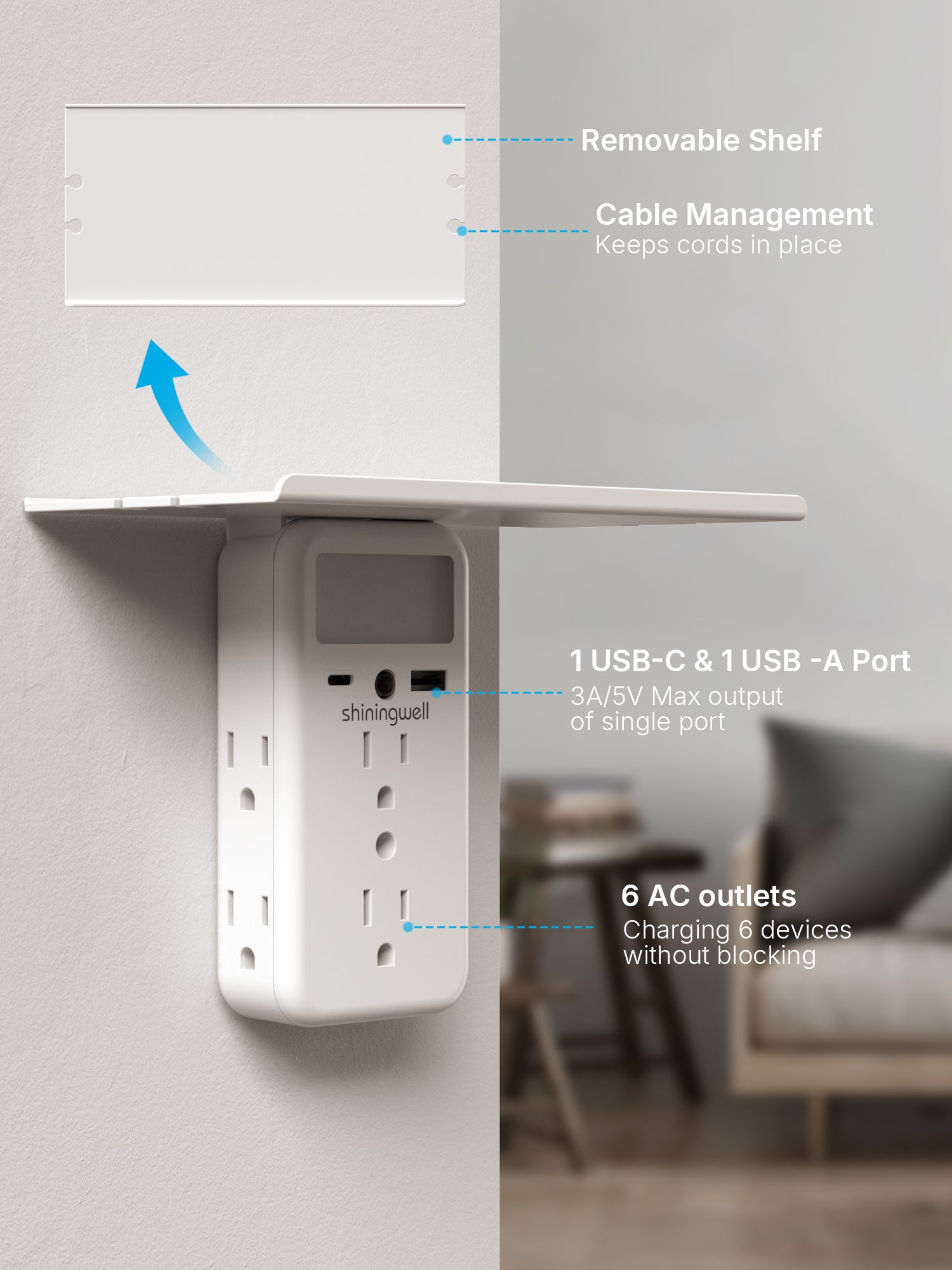 3 Sided Outlet Extender with Shelf and Night Light