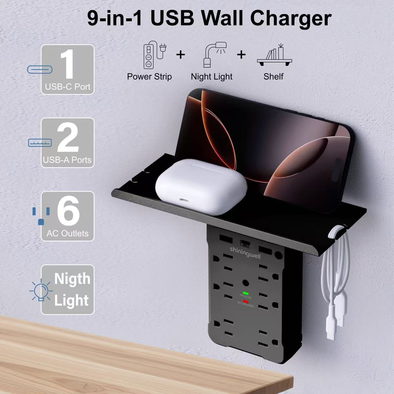 Wall Outlet Extender with Shelf & Night Light