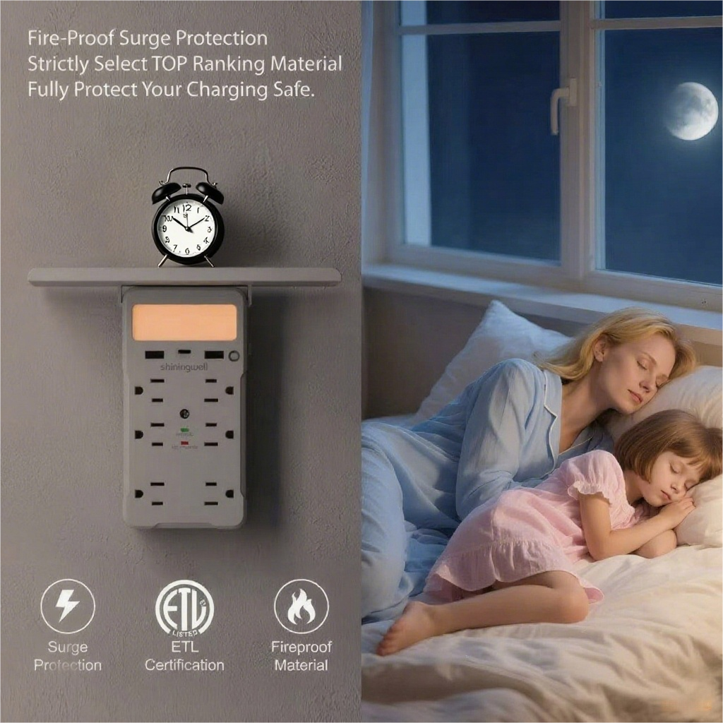 Wall Outlet Extender with Shelf & Night Light